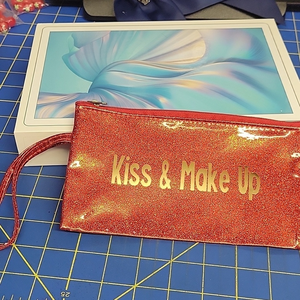 Kiss & Makeup Red Glittered Cosmetic Bag 7.5x4.5"